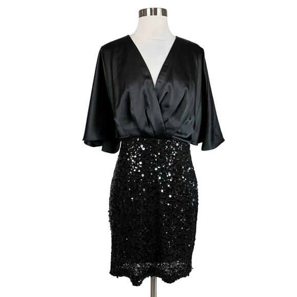Eliza J Women's Cocktail Dress Size 12 Black Satin and Sequin Mini Sheath - Picture 1 of 14